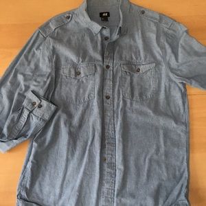 H & M Men's Blue Chambray Shirt- Large